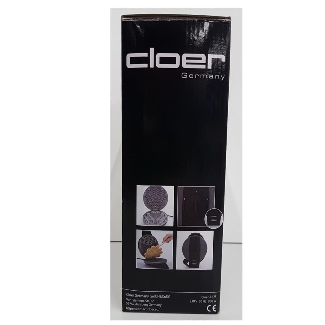 Cloer 1625 waffle iron for classic heart waffles, 930 W, waffle size 15.5 cm, continuously selectable browning level, practical stand function, metal, gray