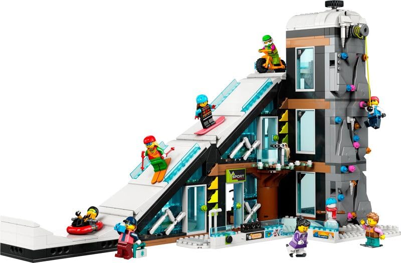 LEGO 60366 City Winter Sports Park, set with winter sports shop, café and a working lift for skiers, toy with 8 minifigures and an owl figure, building with modules, 2023 gift