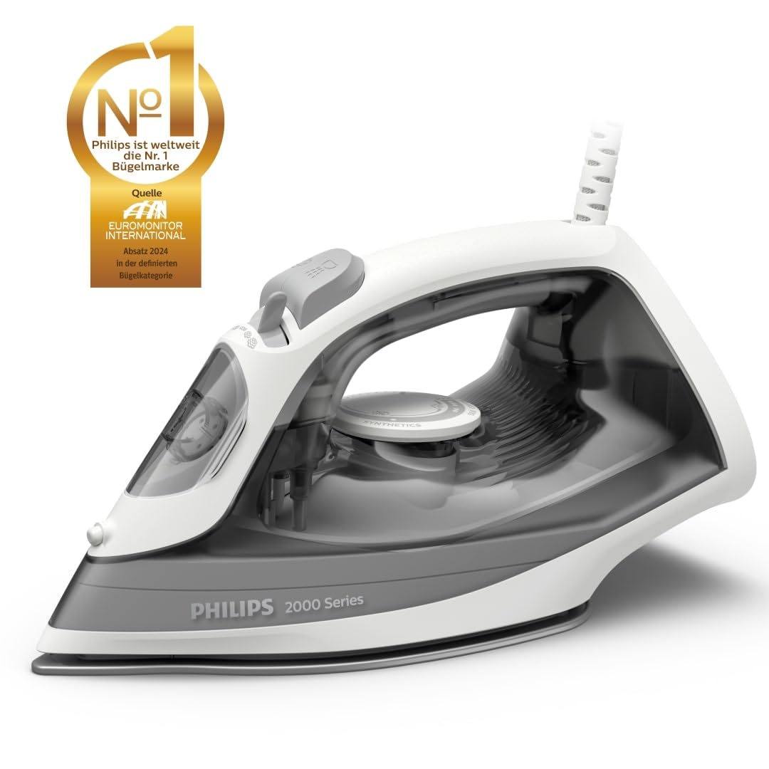 Philips 2000 series steam iron - Up to 25 g/min continuous steam. 2000W. 250ml water tank. Fast de-creasing. 4 steam levels. Ceramic sole. Light weight for easy ironing. Gray (DST2020/80)