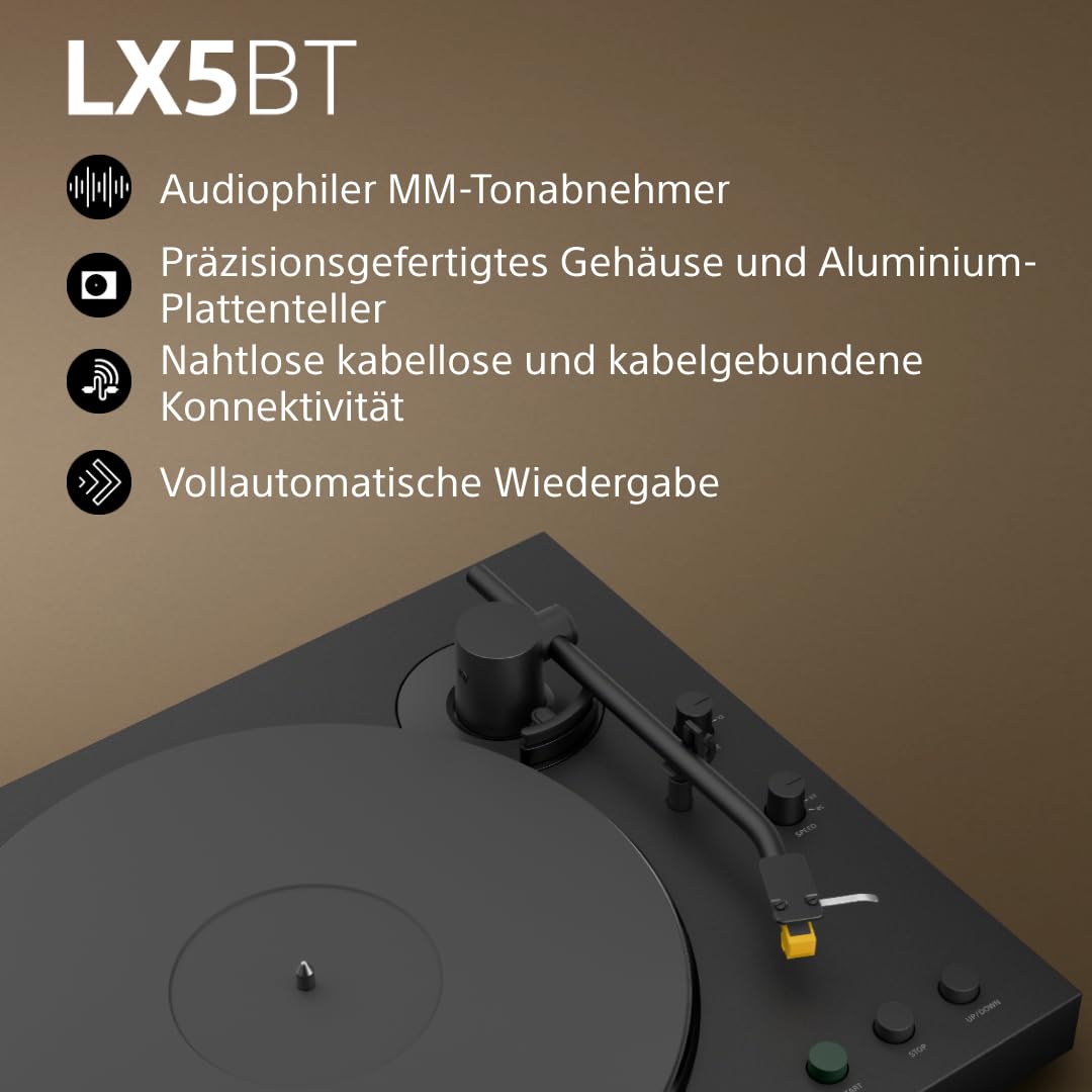 Sony PS-LX5BT Premium-Bluetooth-Player cu redare complet automată, acționare prin curea, pickup de înaltă calitate, Hi-Res Audio, preamplificator phono integrat, 3 moduri de amplificare – Negru