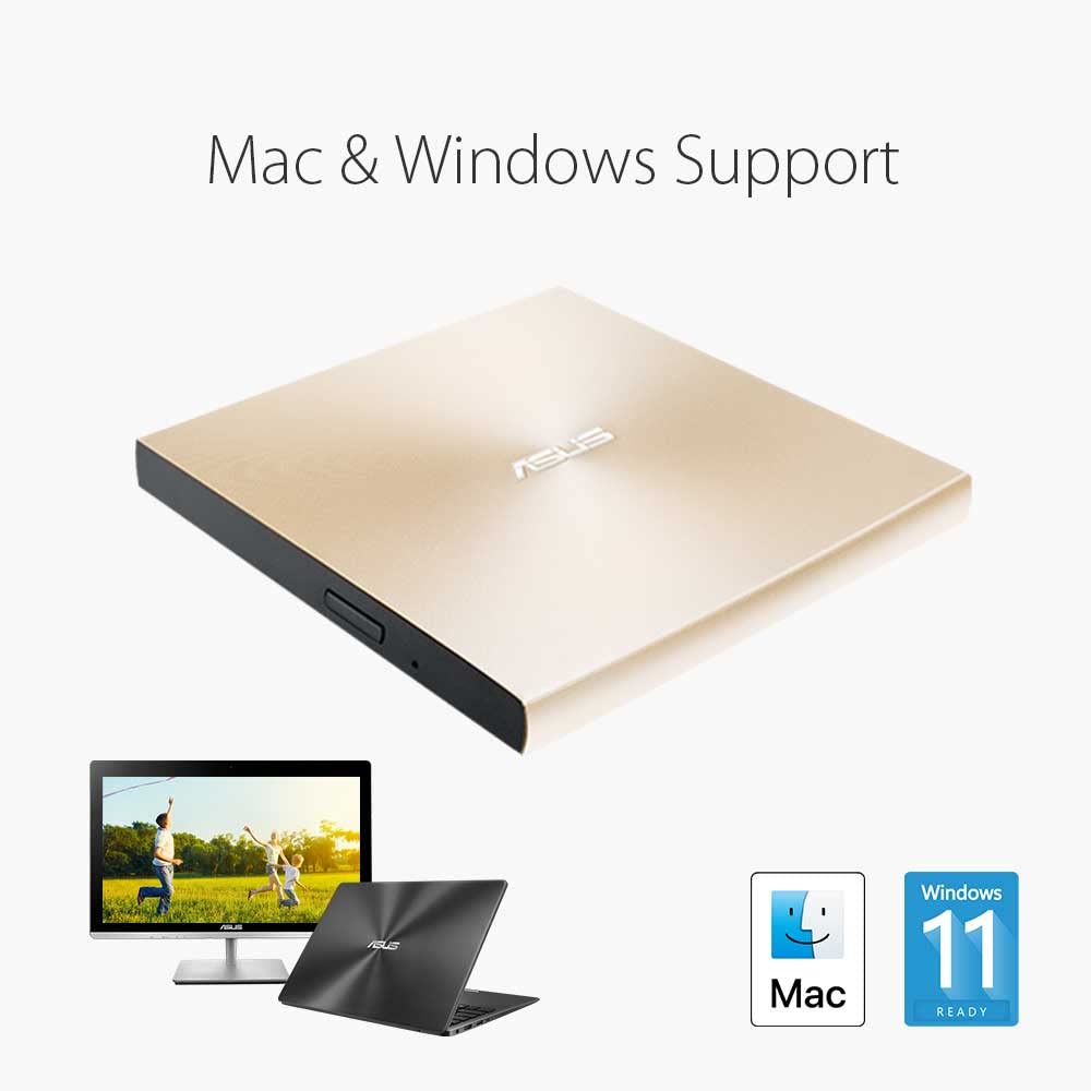 Asus ZenDrive U9M USB-C external Ultra SLIM DVD burner (incl. USB-C cable, burning software & Nero backup app), for Apple MacBooks and Windows PCs/notebooks, USB 2.0, gold - 90DD02A5-M29000