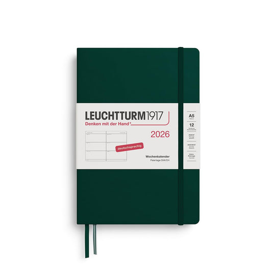 LEUCHTTURM1917 372530 Weekly Calendar Medium (A5) 2026, 12 Months, Forest Green, German