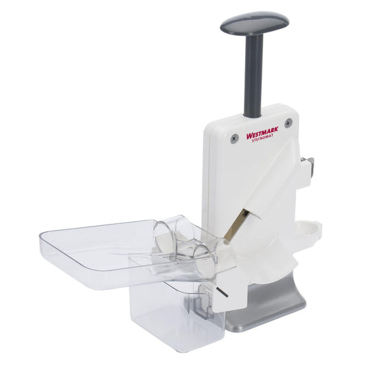 Westmark double cherry stoner and plum stoner, combination stoner, extra fast: for 2 cherries at once, height: 32.5 cm, plastic/stainless steel/aluminium, Steinomat, white/silver, 40602260