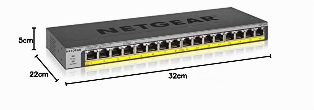 NETGEAR GS116PP Switch PoE 16 Port Gigabit Ethernet LAN cu 16x PoE+ 183W (Switch de rețea Plug-and-Play PoE 16 porturi, fără ventilator, montare în rack de 19 inci, garanție pe viață ProSAFE) - GS116PP-100EUS
