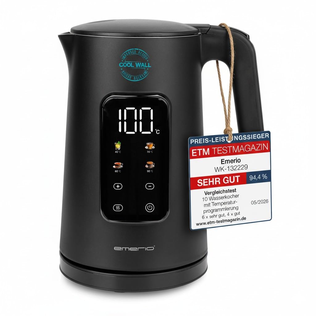 Fierbător EMERIO din oțel inoxidabil 1.7L - perete dublu izolat - selecție temperatură 40-100°C în trepte de 5°C - afișaj digital cu funcție pentru ceai și menținere la cald - 2200W - oprire automată | WK‑132229 - WK-132229