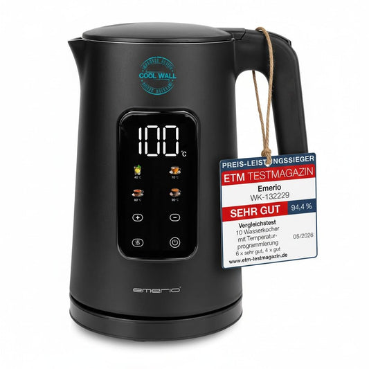 Fierbător EMERIO din oțel inoxidabil 1.7L - perete dublu izolat - selecție temperatură 40-100°C în trepte de 5°C - afișaj digital cu funcție pentru ceai și menținere la cald - 2200W - oprire automată | WK‑132229 - WK-132229