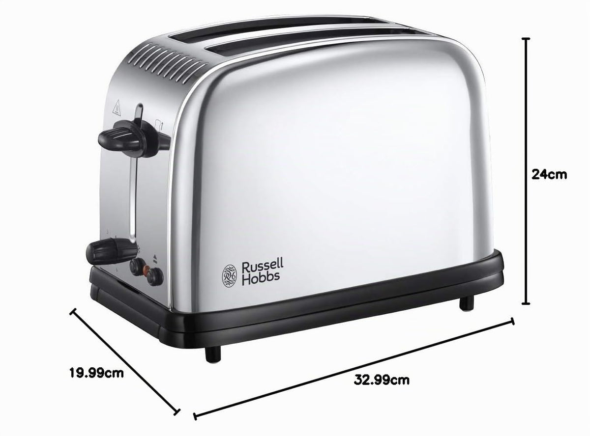 Russell Hobbs Toaster [for 2 slices] Victory Stainless Steel (extra wide toasting slots, 6 browning levels + defrost & reheat function, quick toast technology, 1670W) 23311-56