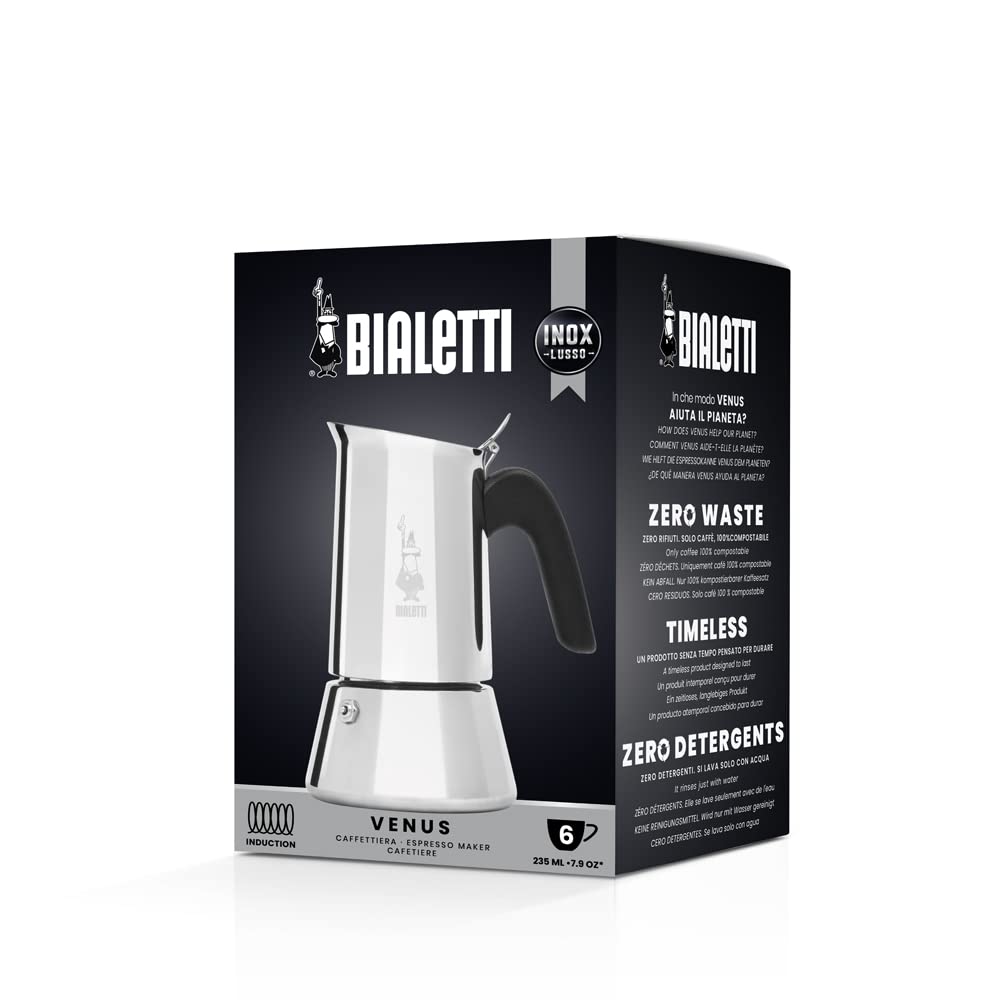 Bialetti - New Venus Induction, stainless steel stove espresso coffee machine, suitable for all types of stoves, 6 cups, aluminum, 235 milliliters silver - 0007255