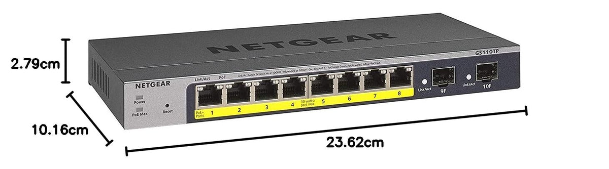 NETGEAR GS110TP Switch Gigabit Ethernet LAN PoE cu 10 porturi Smart (Gestionat cu 8X PoE+ 55W, 2X 1G-SFP, management local sau de la distanță prin Insight Cloud, fără ventilator, garanție ProSAFE pe viață) - GS110TP-300EUS