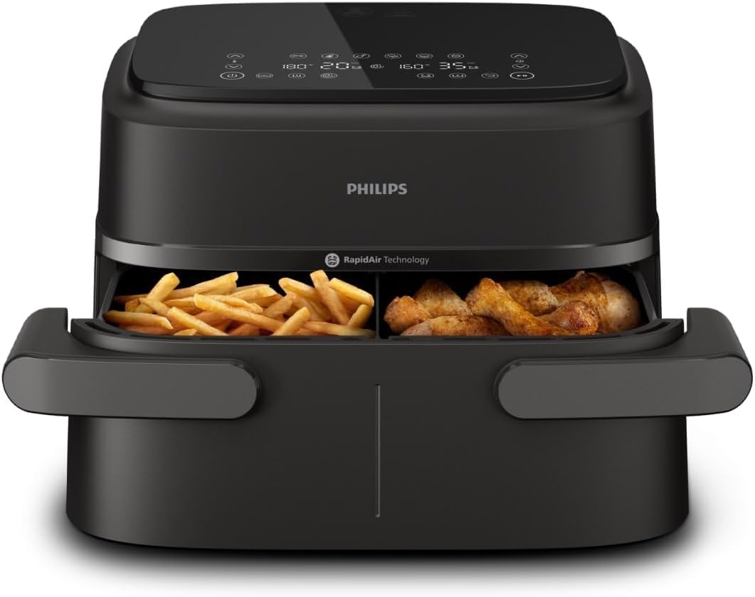 Philips Airfryer 1000 Series Flexible Basket - Hot air fryer with 7.1 L capacity, RapidAir technology, 10 cooking functions, 90% less fat, compact design, HomeID recipe app (NA154/00)