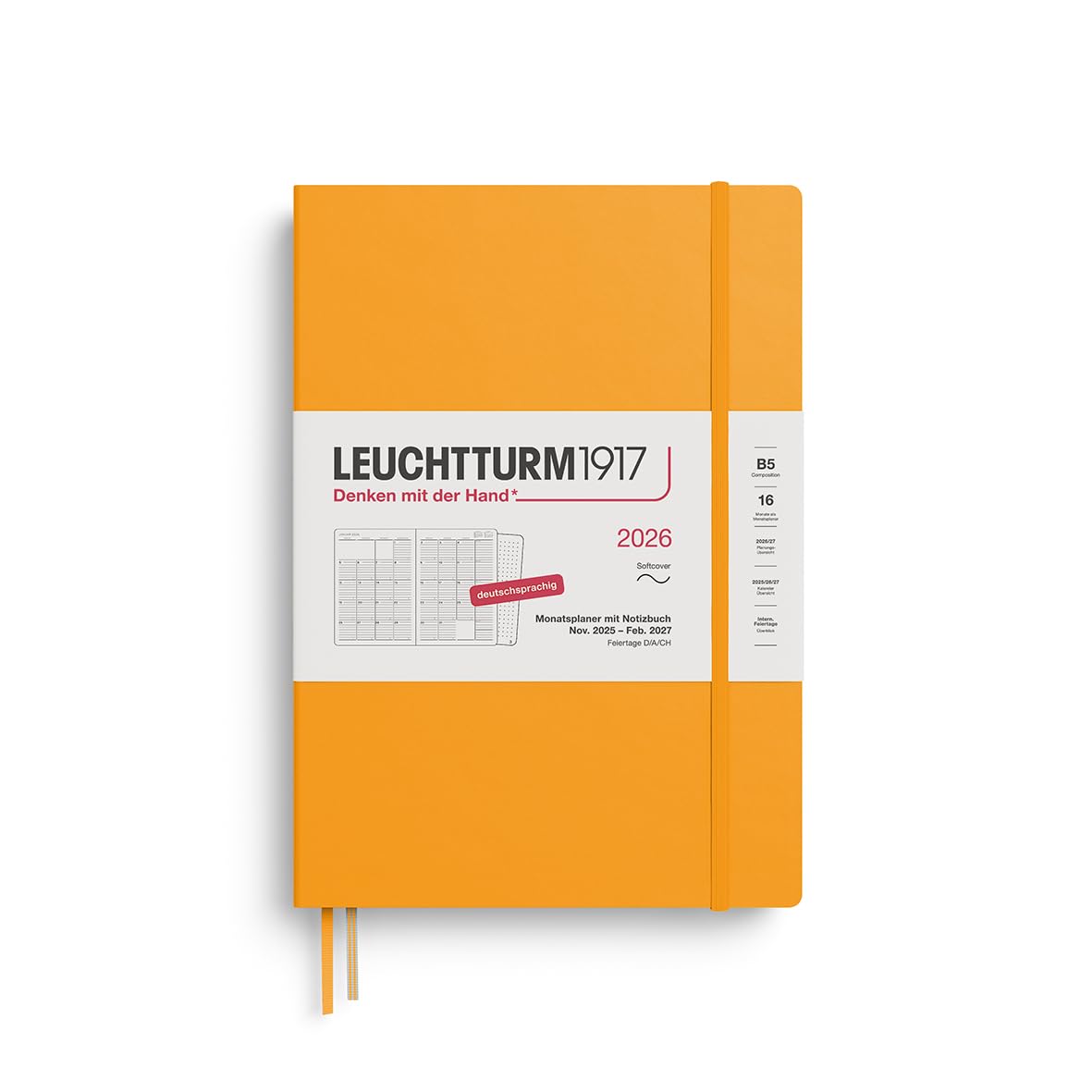 LEUCHTTURM1917 372605 Planificator lunar și compoziție caiet (B5) 2026, 16 luni (01 noiembrie 2025-28 februarie 2027), copertă moale, soare răsare, germană