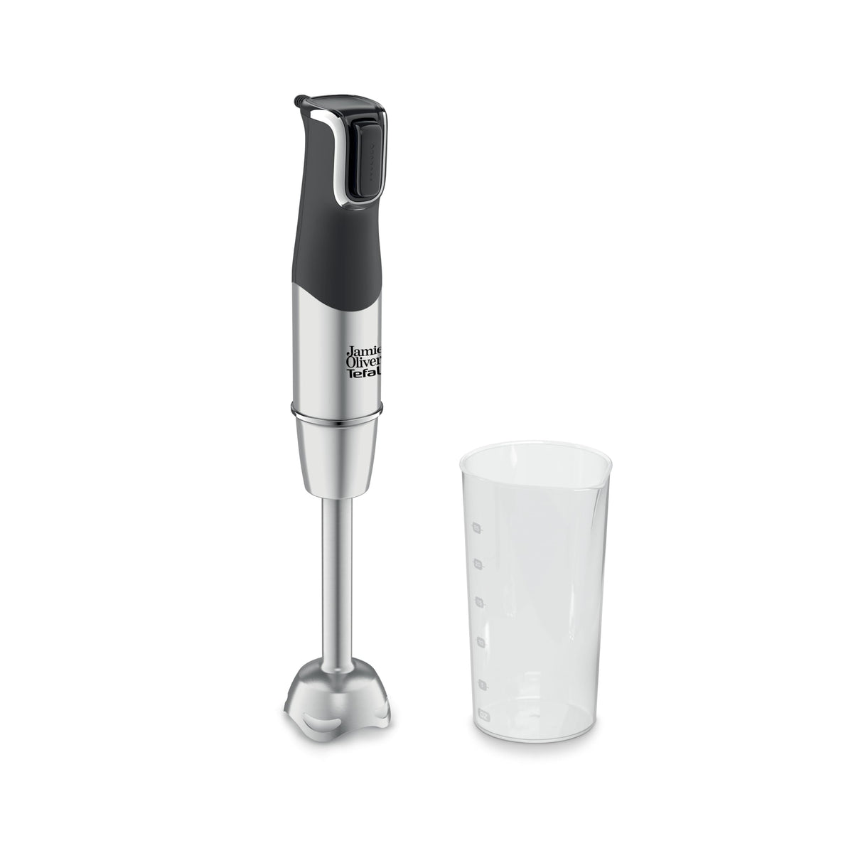 Jamie Oliver de la Tefal Mixer de imersie, lame din oțel inoxidabil, 1200 Watt, picior de mixer potrivit pentru mașina de spălat vase, declanșator cu viteză multiplă, protecție împotriva stropirii, inclusiv pahar de 800 ml, mixer, negru/inox, HB95JD10