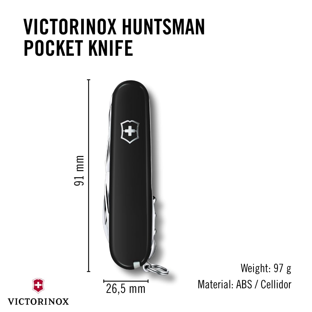 Victorinox Swiss Army Knife Huntsman, Multitool, Swiss Army Knife with 15 functions, blade, corkscrew, can opener, folding box, black - 1.3713.3