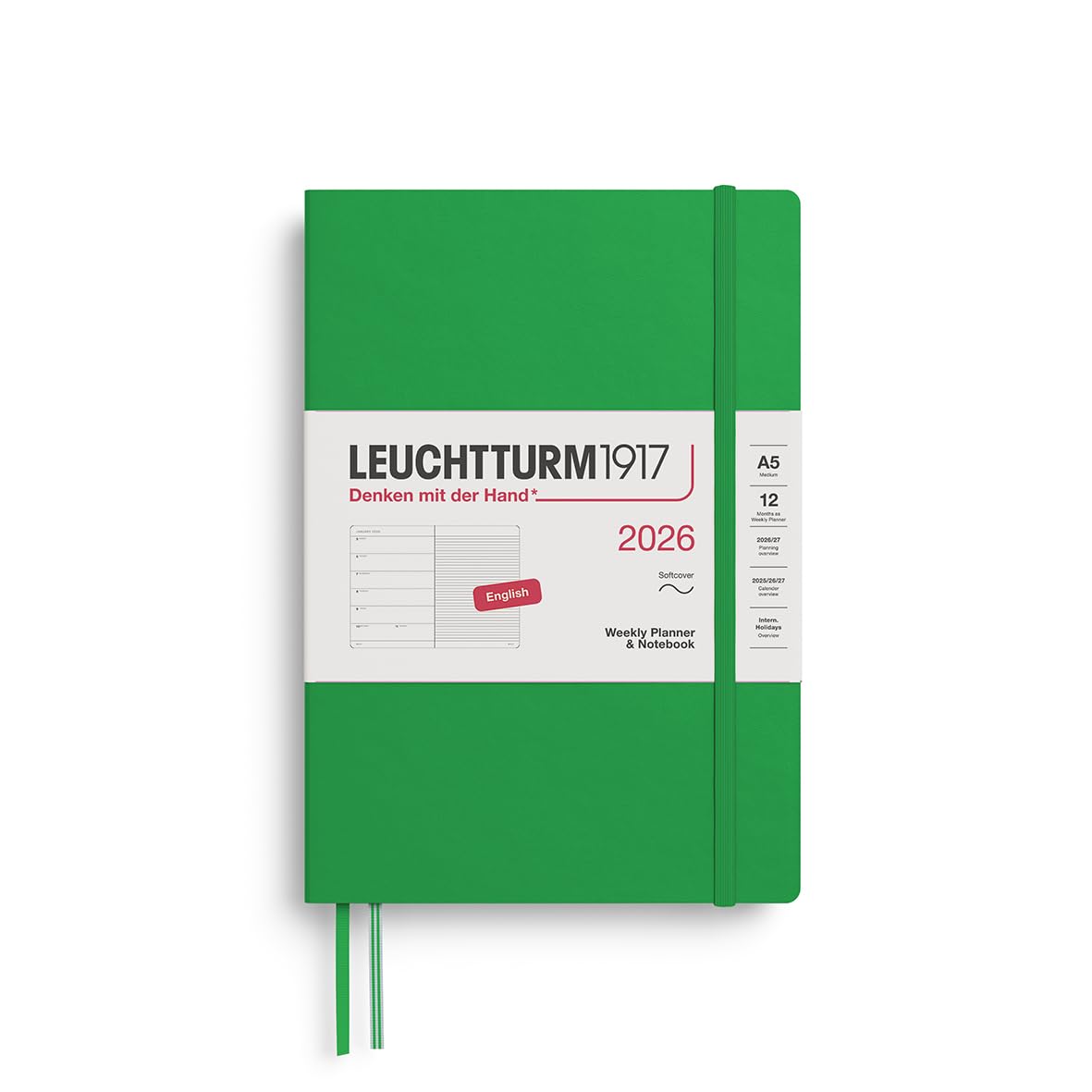LEUCHTTURM1917 372678 Weekly Calendar & Notebook Medium (A5) 2026, Softcover, Spring Leaf, English