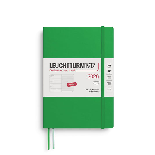 LEUCHTTURM1917 372678 Calendar săptămânal și caiet mediu (A5) 2026, copertă moale, frunză de primăvară, engleză