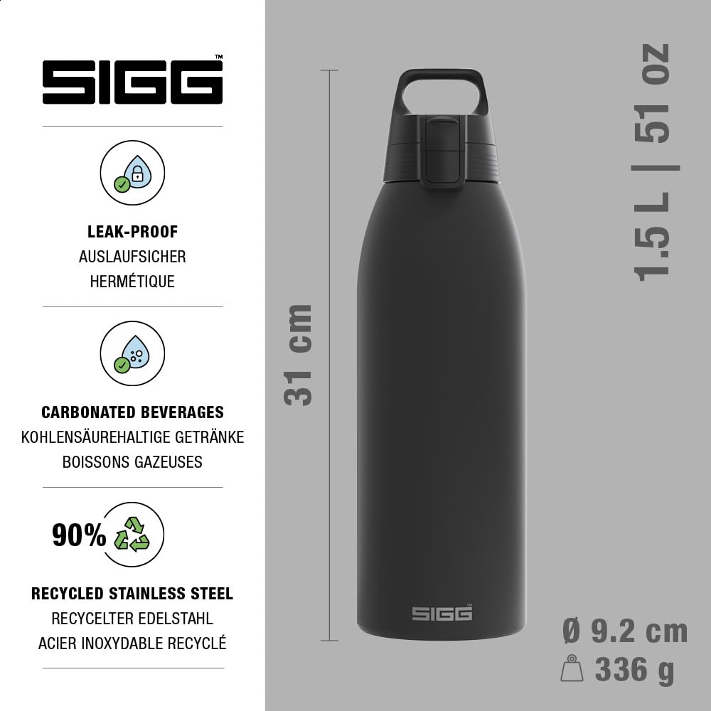 SIGG - Insulated drinking bottle - Thermos bottle Shield Therm One Black - carbonated drinks - leak-proof - dishwasher safe - BPA-free - 90% recycled stainless steel - black - 1.5L - 6167.80