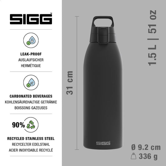 SIGG - Insulated drinking bottle - Thermos bottle Shield Therm One Black - carbonated drinks - leak-proof - dishwasher safe - BPA-free - 90% recycled stainless steel - black - 1.5L - 6167.80
