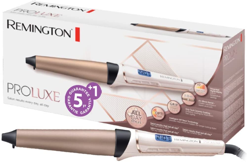Remington curling iron large curls & natural waves [cone-shaped 25-38mm] PROluxe Digital (OPTIheat technology, Grip-Tech ceramic coating) -LCD display 120-210°C, Beach Waves, CI91X1 - 45575560100