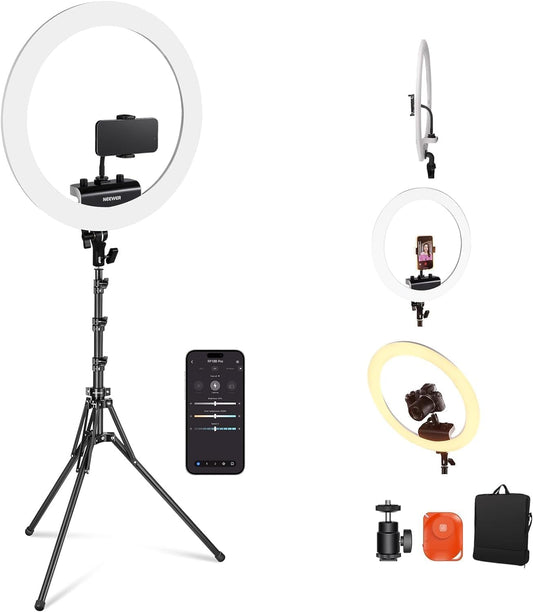 NEEWER Professional Ring Light with Stand and Phone Holder, 18" Thin, 45W 2900K-7000K TLCI98, Remote Shutter and App Control, Softer Lighting for Make up Live Stream TikTok, RP18B Pro White - 10103012