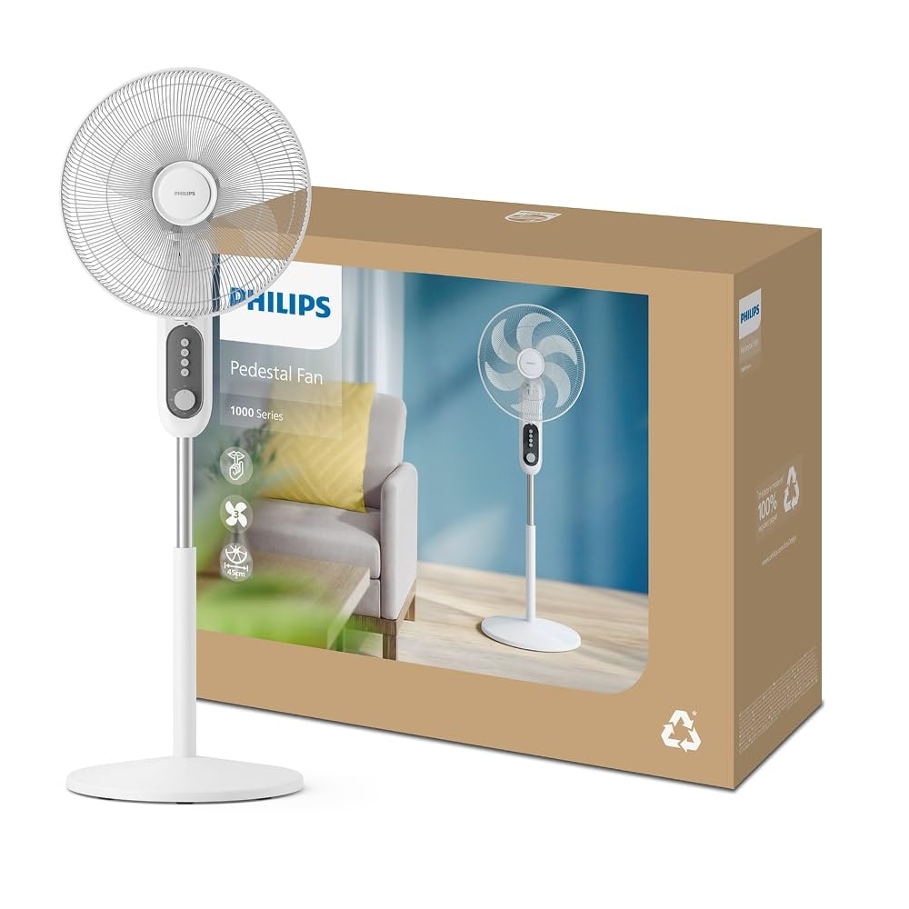Philips Stand Fan Series 1000 - Powerful & Quiet, 38 dB, Height Adjustable, Tiltable, Oscillation, Timer, White (CX1220/00)