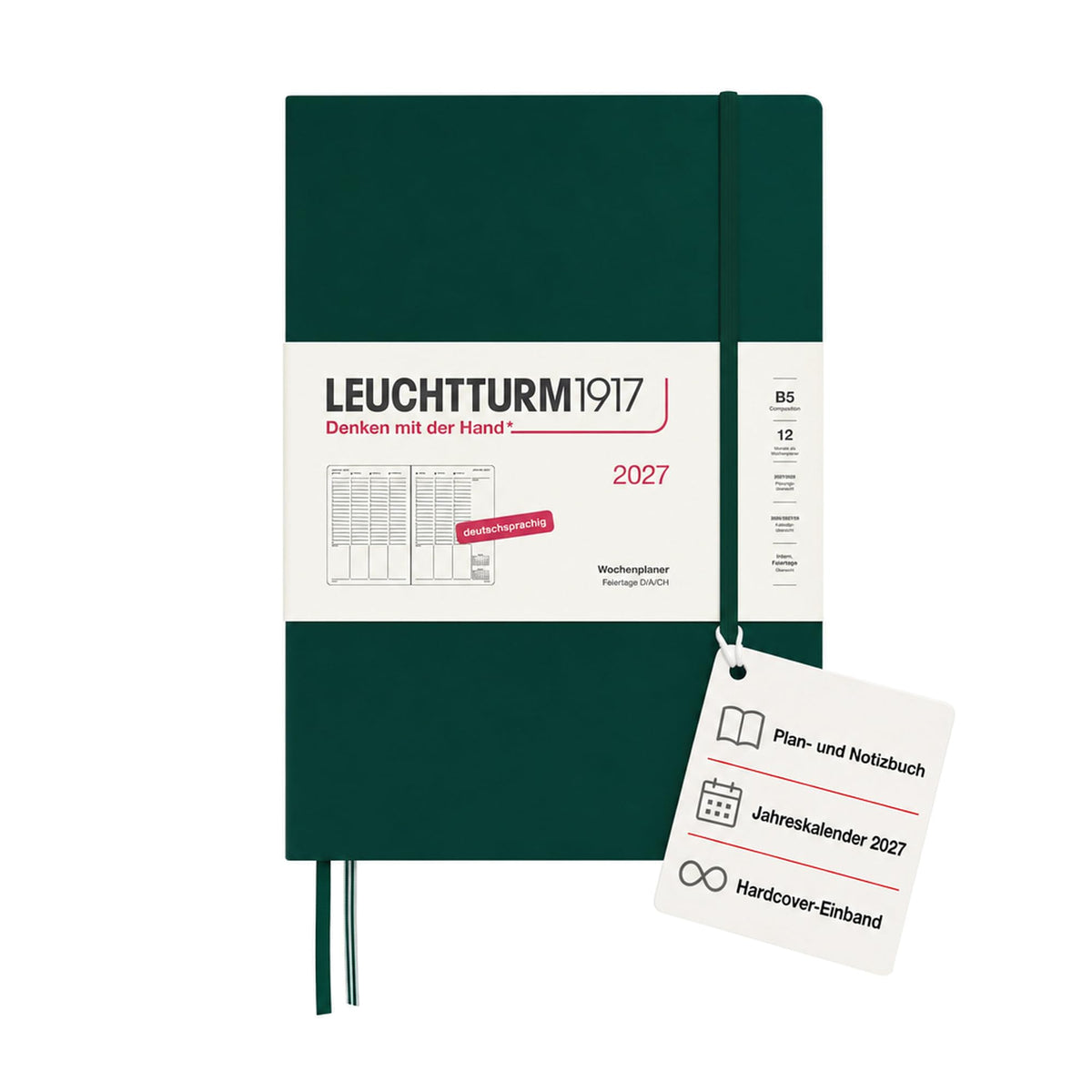 LEUCHTTURM1917 weekly planner 2027 Composition (B5) - German, Forest Green, 254 x 178 mm, January-December (12 months), weekly overview with hourly grid 7:00-22:00 per column, hardcover, 80 g/m² paper - 400144