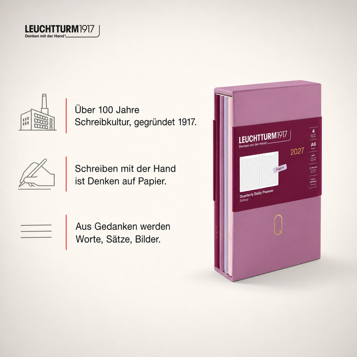 LEUCHTTURM1917 Quarterly Daily Calendar 2027 Dotted, Pocket (A6), Flexcover, Set of 4 (1 calendar per quarter), Shades of Rose, Calendar Overview 2027, 12-Month Planning, Moon Phases & International Holidays - 400373