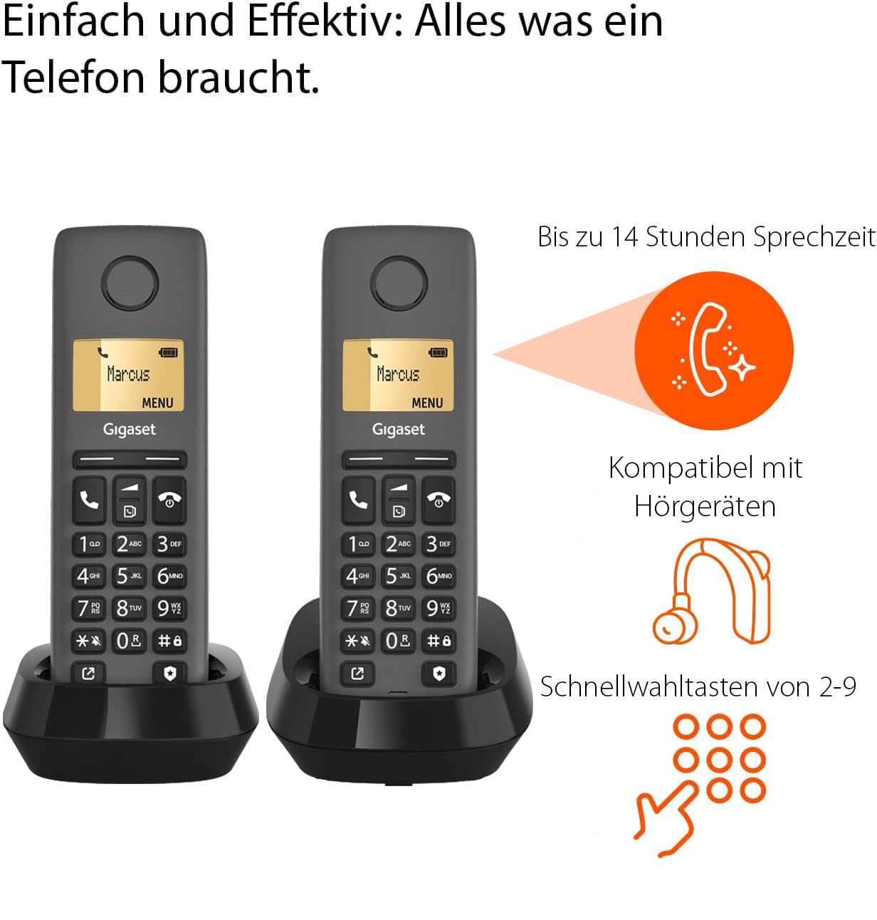 Gigaset Pure 120 Duo - 2 cordless telephones with call protection and ECO DECT - illuminated display - hearing aid compatible, anthracite black [Compatible in DE, IT, FR, NL, BE, Che, AUT] - L36852-H3105-R143