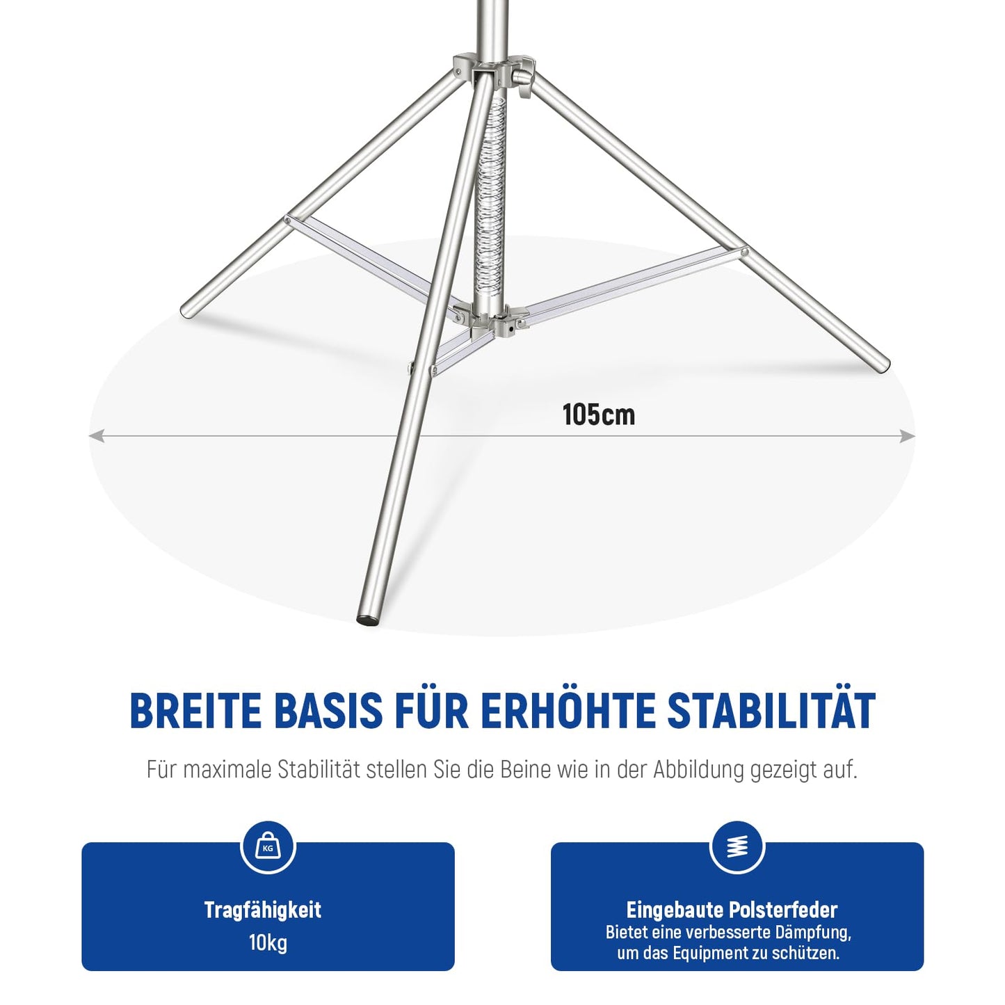 NEEWER 280cm light stand, 2 pieces stainless steel light stand, spring-damped heavy duty photography lamp tripod with 1/4" to 3/8" adapter for flash video ring light monolight softbox, max. 10kg, ST-280SS