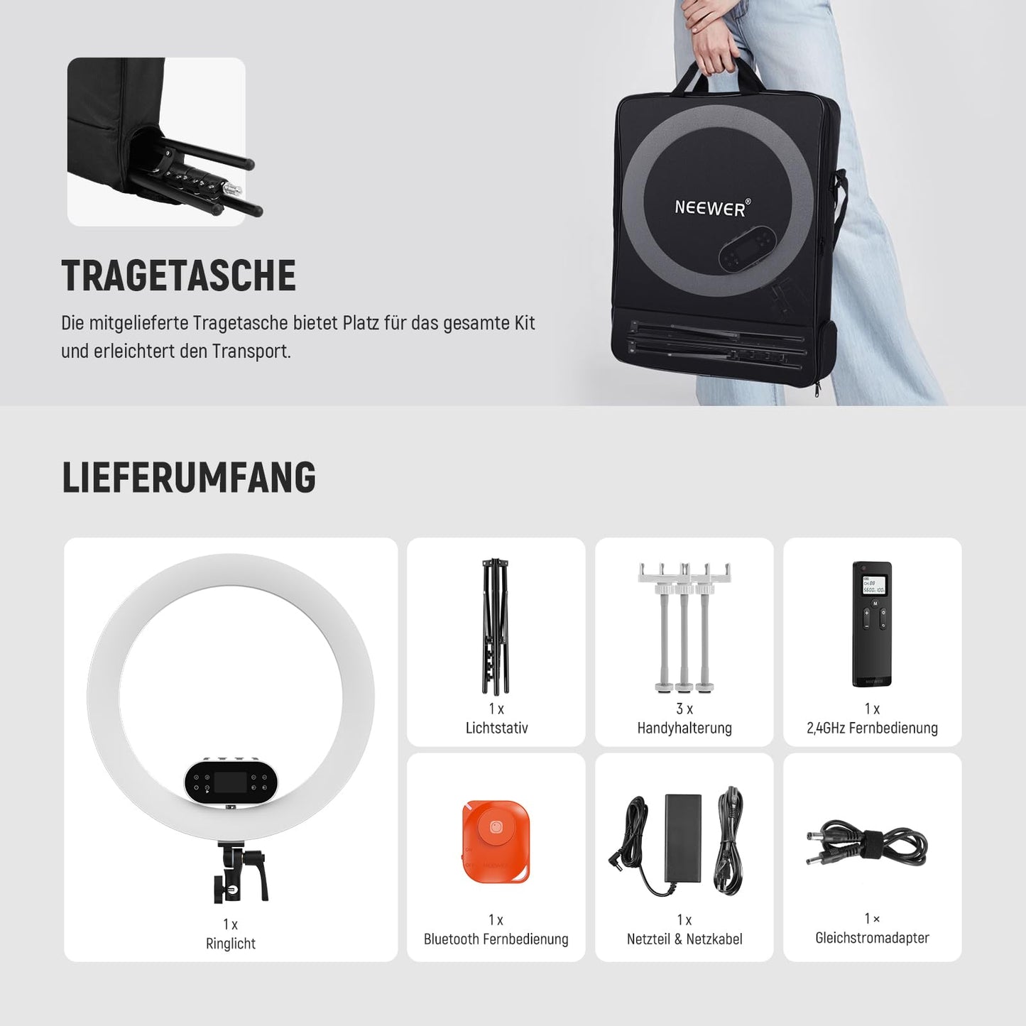 NEEWER 19" 100W High Power LED Ring Light with Tripod Stand & 3 Phone Holders Compatible with iPhone, 2900-7000K CRI97+ App & 2.4G Control Lighting for Selfie Video Makeup Streaming, RH100B - 10106380