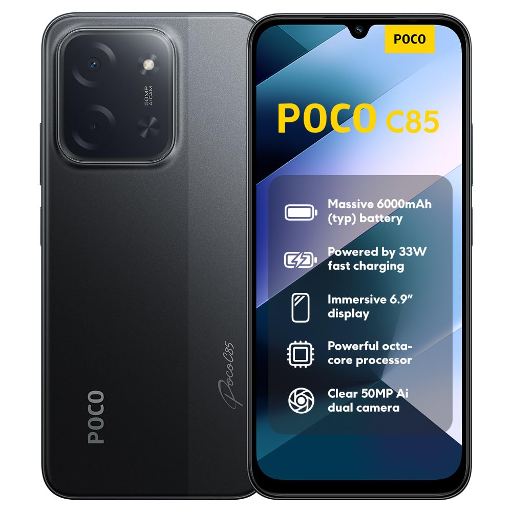 XIAOMI Poco C85, smartphone 6+128GB, mobile phone with Android, 6.9" 120Hz display 7.99mm design, MediaTek Helio G81-Ultra Octa-Core, 50MP AI dual camera, 6000mAh, black