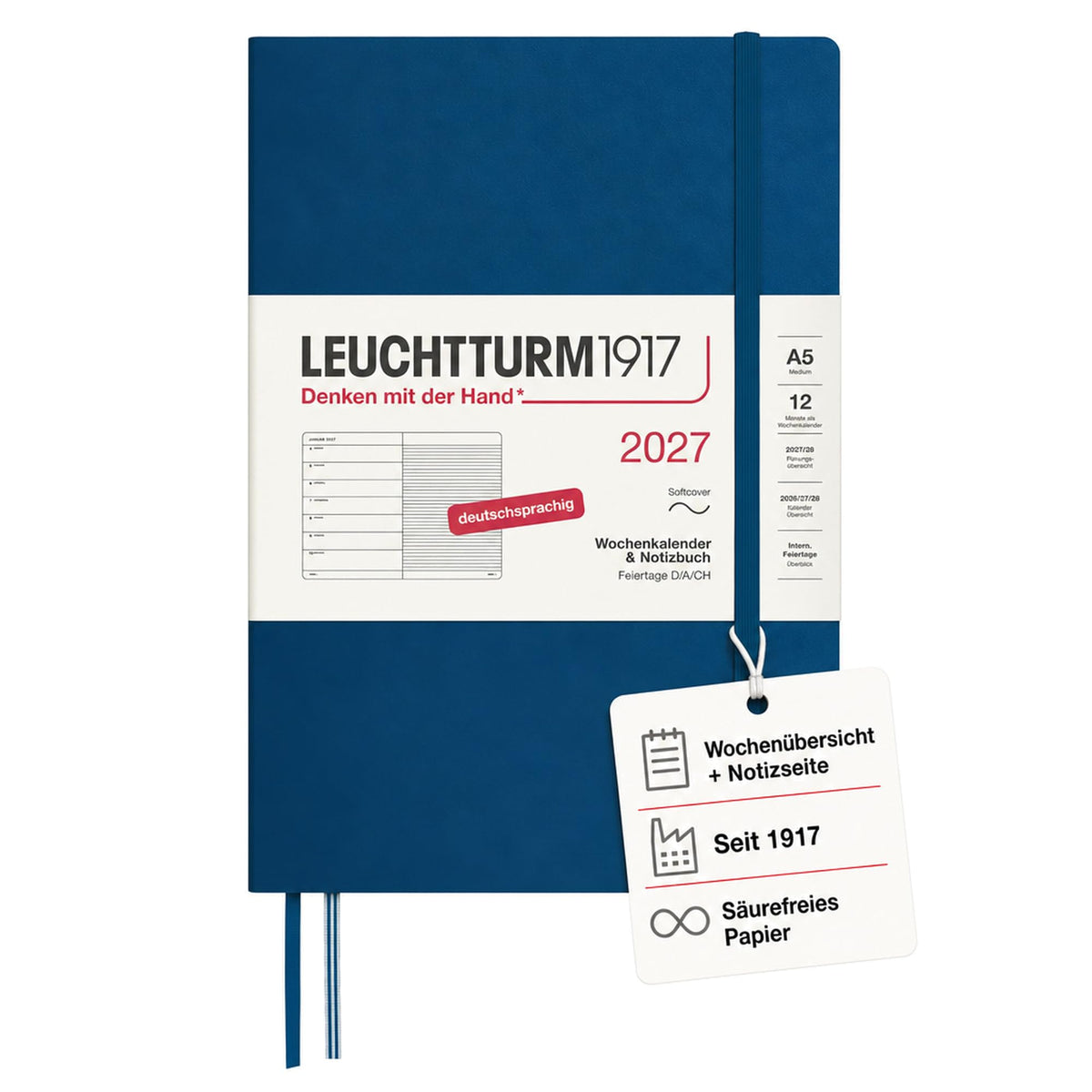 LEUCHTTURM1917 Weekly Calendar 2027 Medium (A5) with Notebook - German Diary, Indigo, Softcover, January-December 2027, Weekly Overview on the Left + Notes Page on the Right - 400074