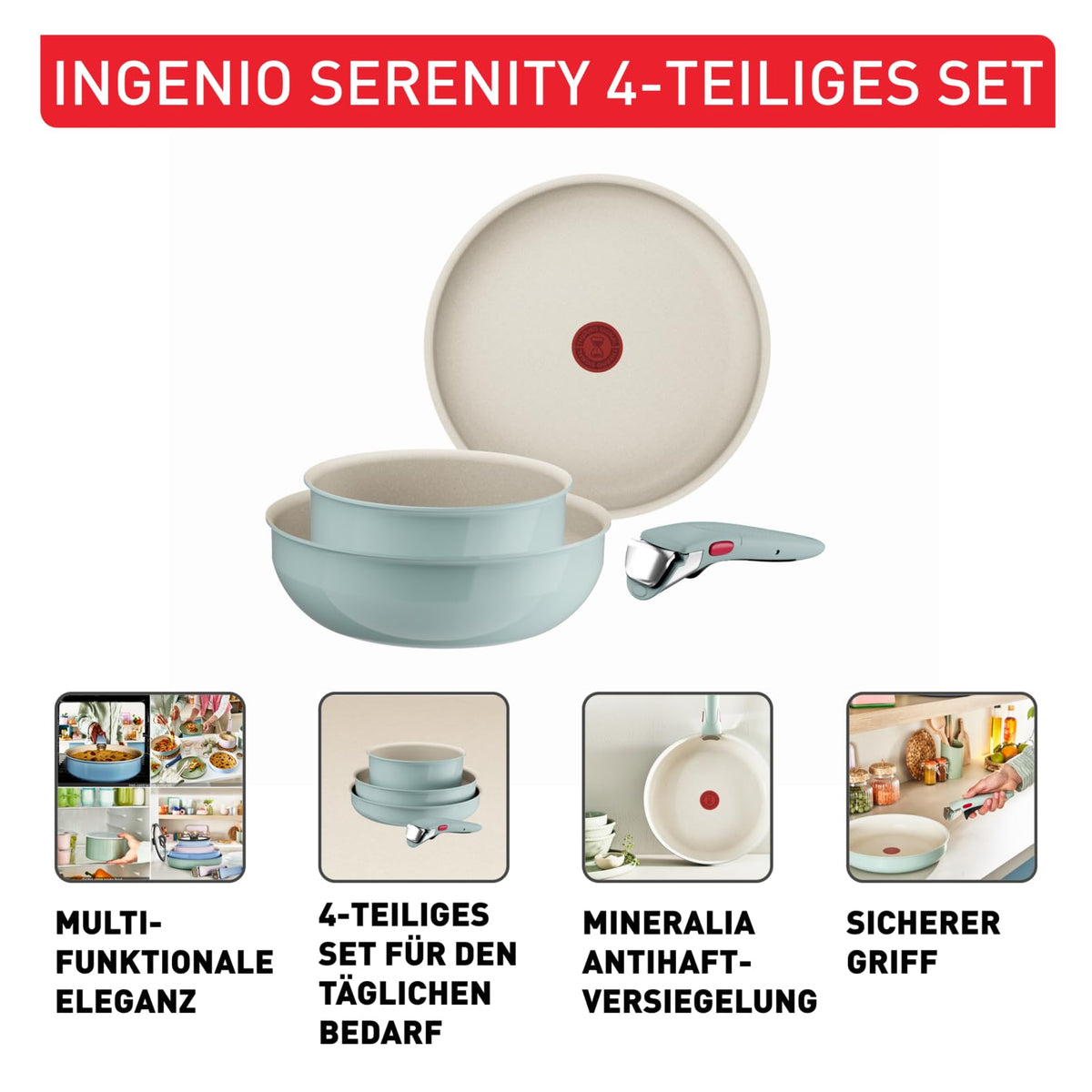 Set de vase de gătit Tefal Ingenio Serenity, 4 piese, cu înveliș antiaderent Mineralia, economisind spațiu, stivuibil, potrivit pentru toate tipurile de plite, lavabil în mașina de spălat vase, Eucalyptus, L8284S04 - L829SB04