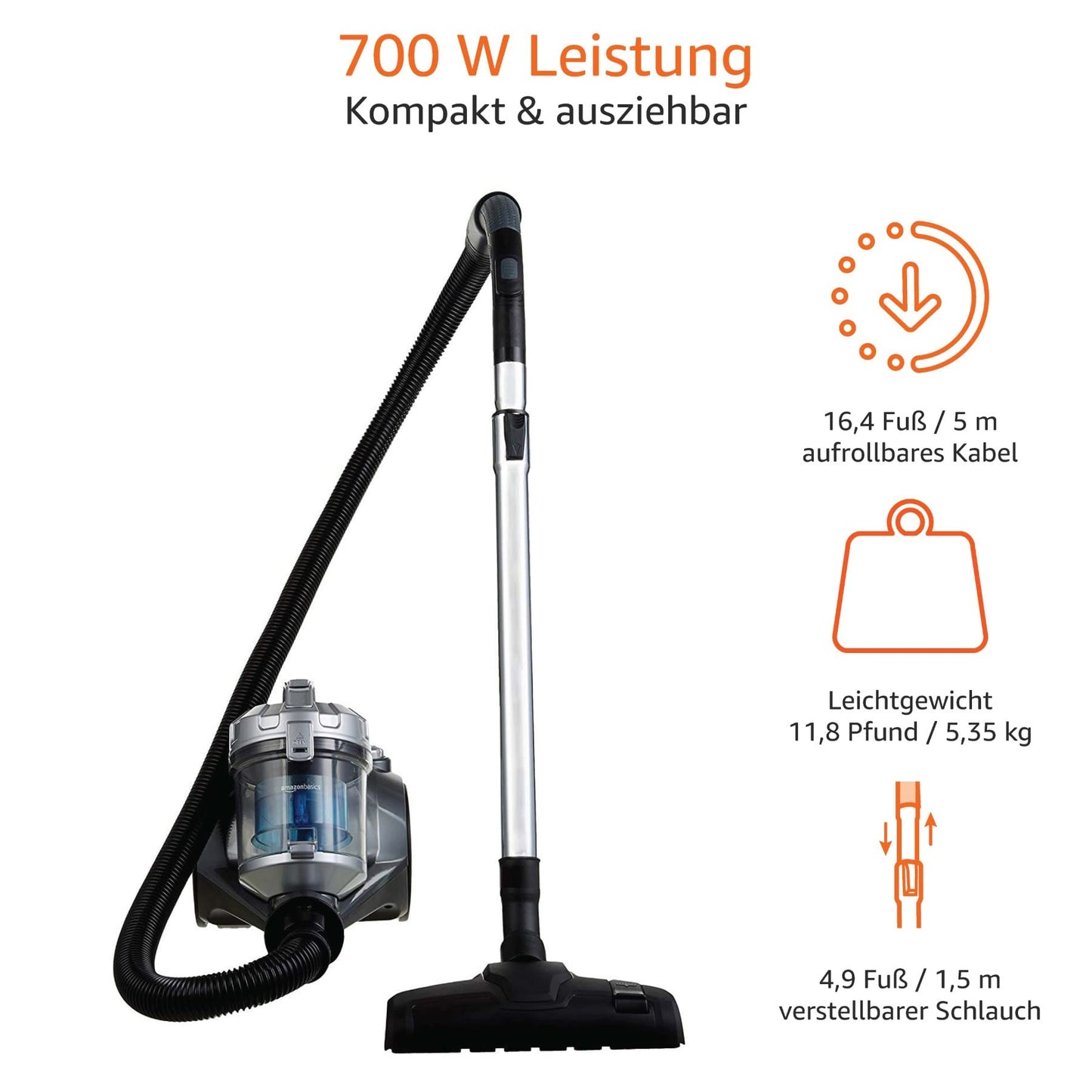Amazon Basics Cylinder Vacuum Cleaner, Powerful, Compact and Lightweight, Bagless, for Hard Floors and Carpets, HEPA Filter, 700W, 1.5L, EU, Black/Blue - 15KC-71EU4