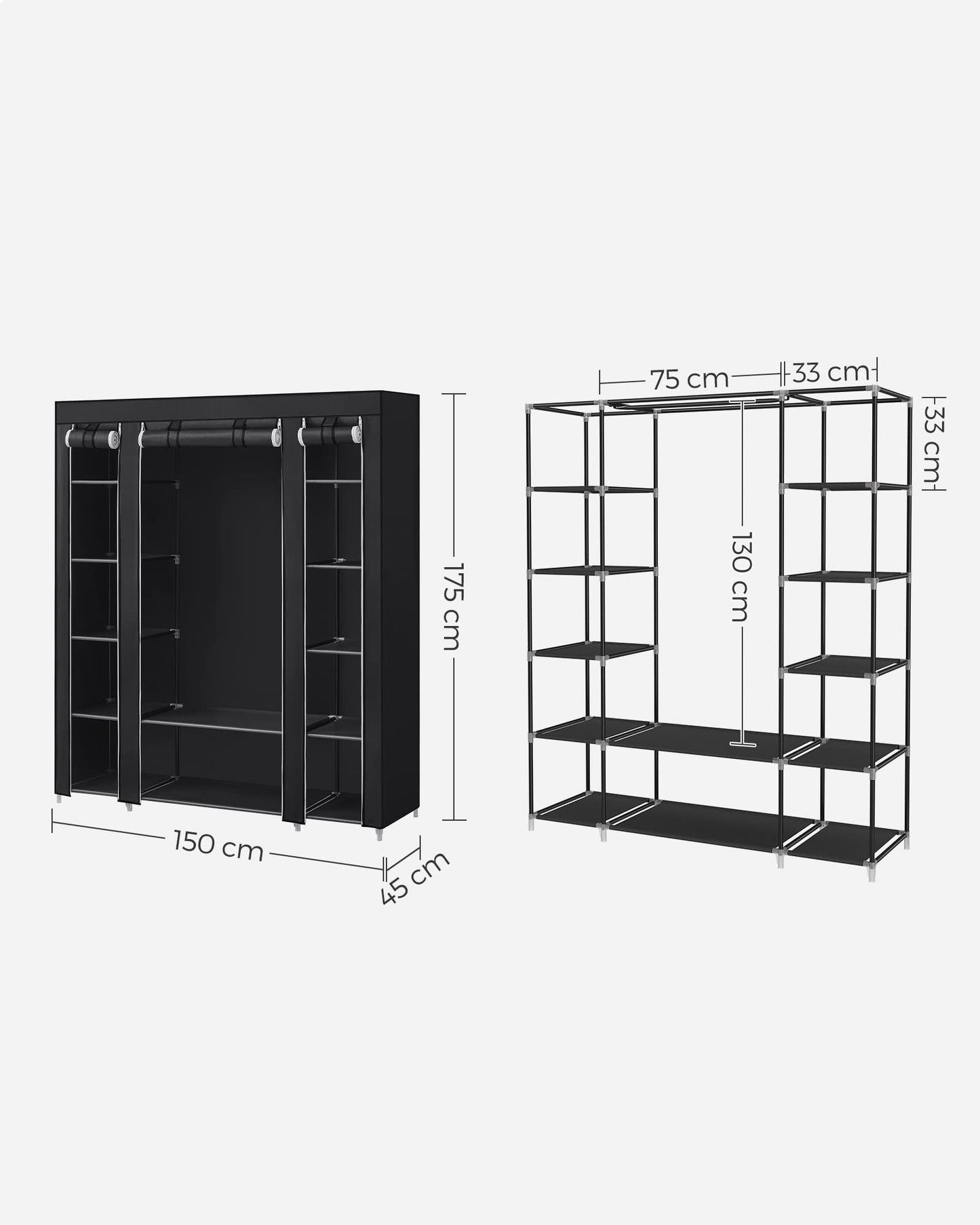 SONGMICS wardrobe, fabric cabinet, with clothes rail and shelves, fabric cover, for bedroom, dressing room, 150 x 45 x 175 cm, black LSF03H