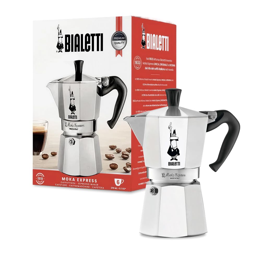 Bialetti Moka Express Iconic Stovetop Espresso Machine, Aluminum, 270ml, Silver/Black - 6800
