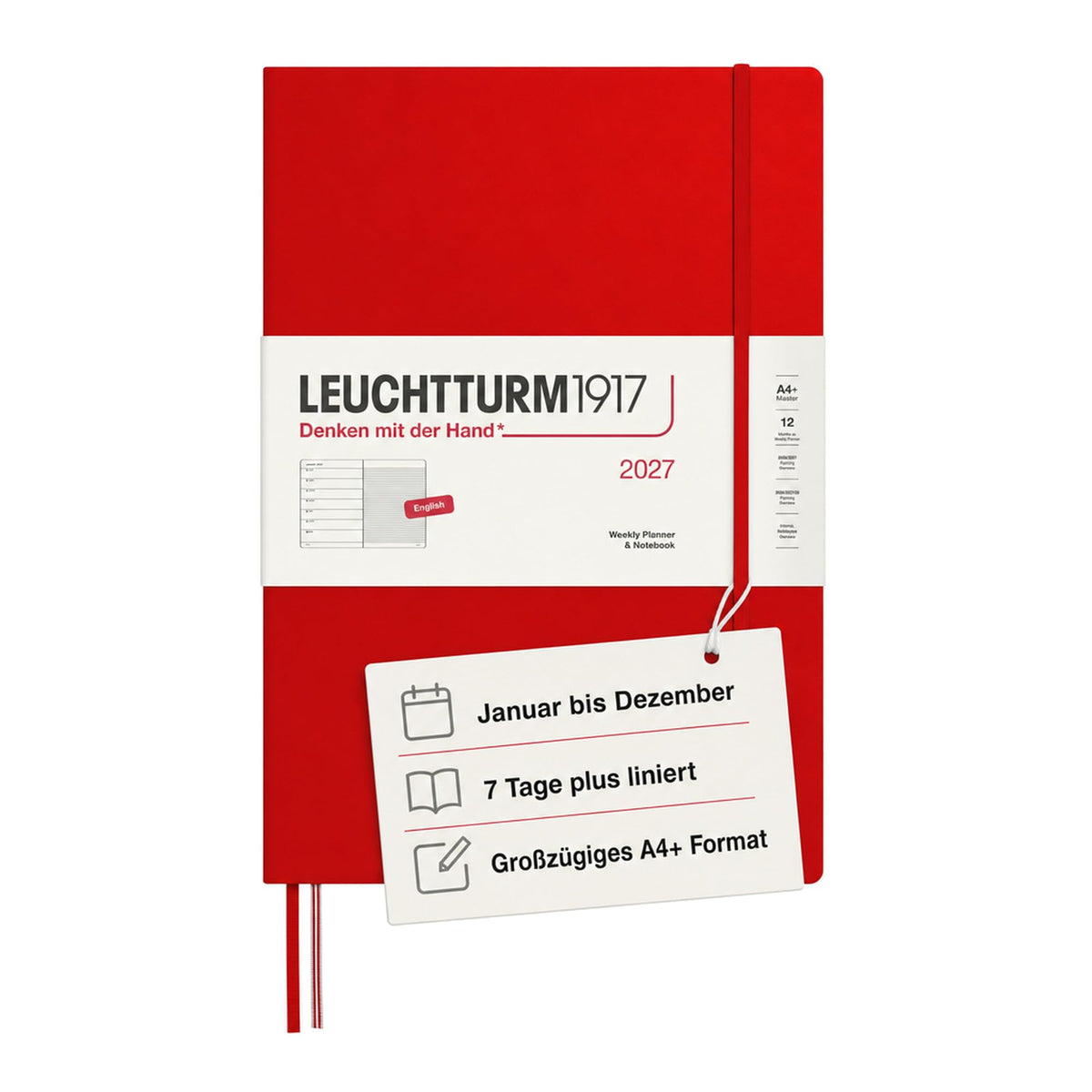 LEUCHTTURM1917 weekly calendar 2027 A4+ (master) with notebook, lined - appointment planner English, cherry, hardcover, 225 x 315 mm, January-December 2027, weekly overview on the left + note page on the right - 400204