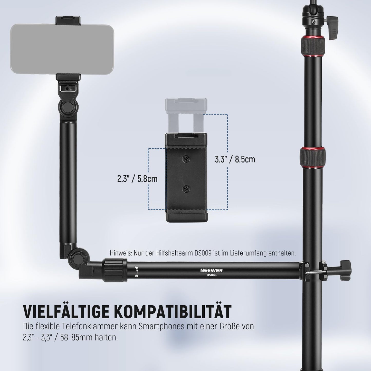NEEWER overhead camera mount with cell phone clip, 56cm long clamp-mounted flexible holder for table tripod, 180° & 360°, for tubes with 22-28mm, load capacity 2.5kg, for camera ring light mic, DS009 - 10103955