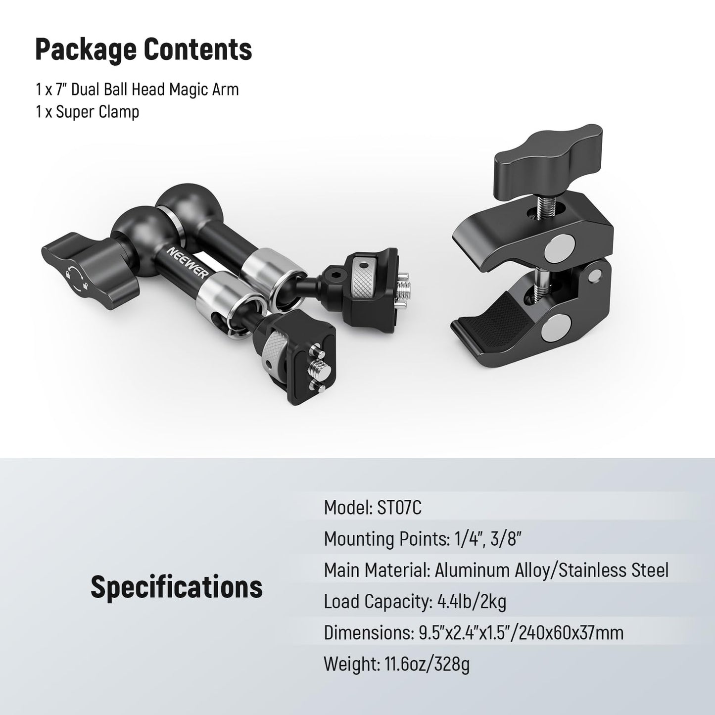 NEEWER 7" Articulated Magic Arm Clamp Mount with Super Clamp Camera Monitor Mount 1/4" 3/8" Positioning Pins Holes for DSLR Action Camera Video Light Compatible with SmallRig Cage, ST07C