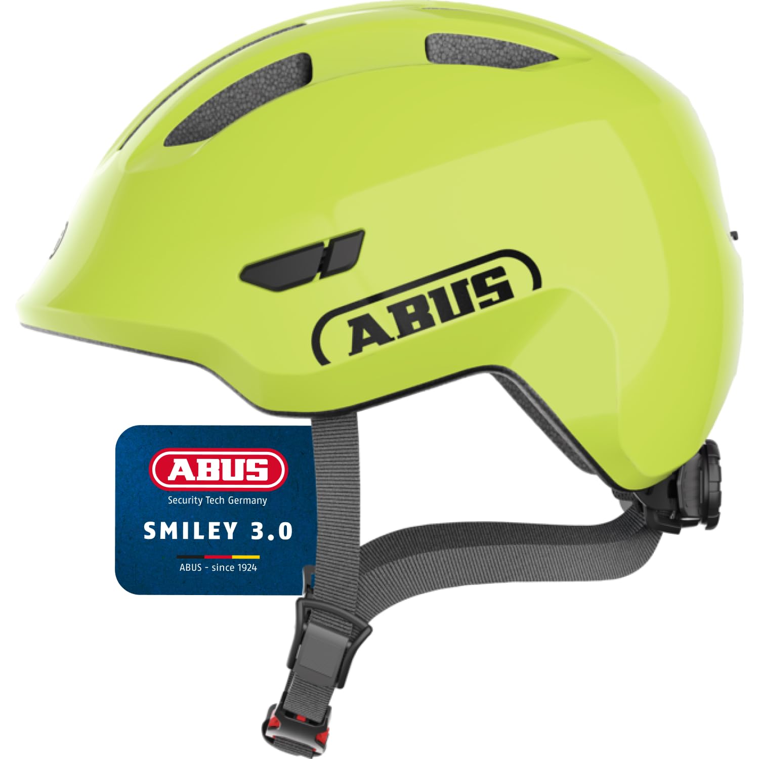 ABUS children's helmet Smiley 3.0 - bicycle helmet with a deep fit, child-friendly designs & space for a braid - for girls and boys - shiny yellow, size S - 67277