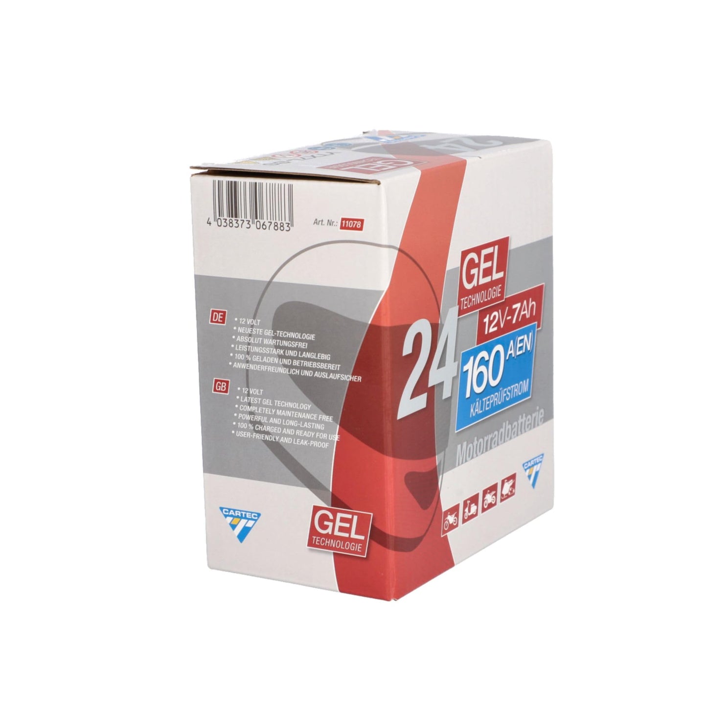 CARTEC motorcycle battery YTX7L-BS, 7Ah, 160A, gel technology motorcycle starter battery, original equipment manufacturer quality, cycle-proof, storable, maintenance-free, black - 11078