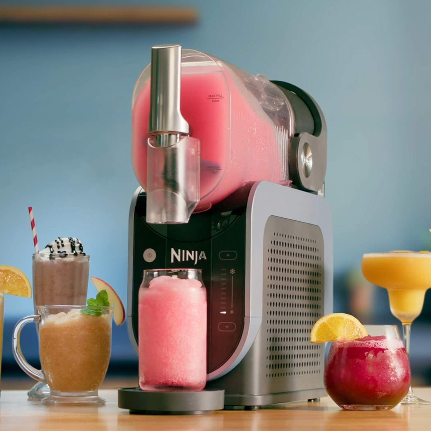 Ninja SLUSHi machine for slush, ice cocktails, frappé, milkshakes & frozen juice, without ice or preparation effort, WhisperChill technology, holds 1.9 L, blue & gray FS301EU