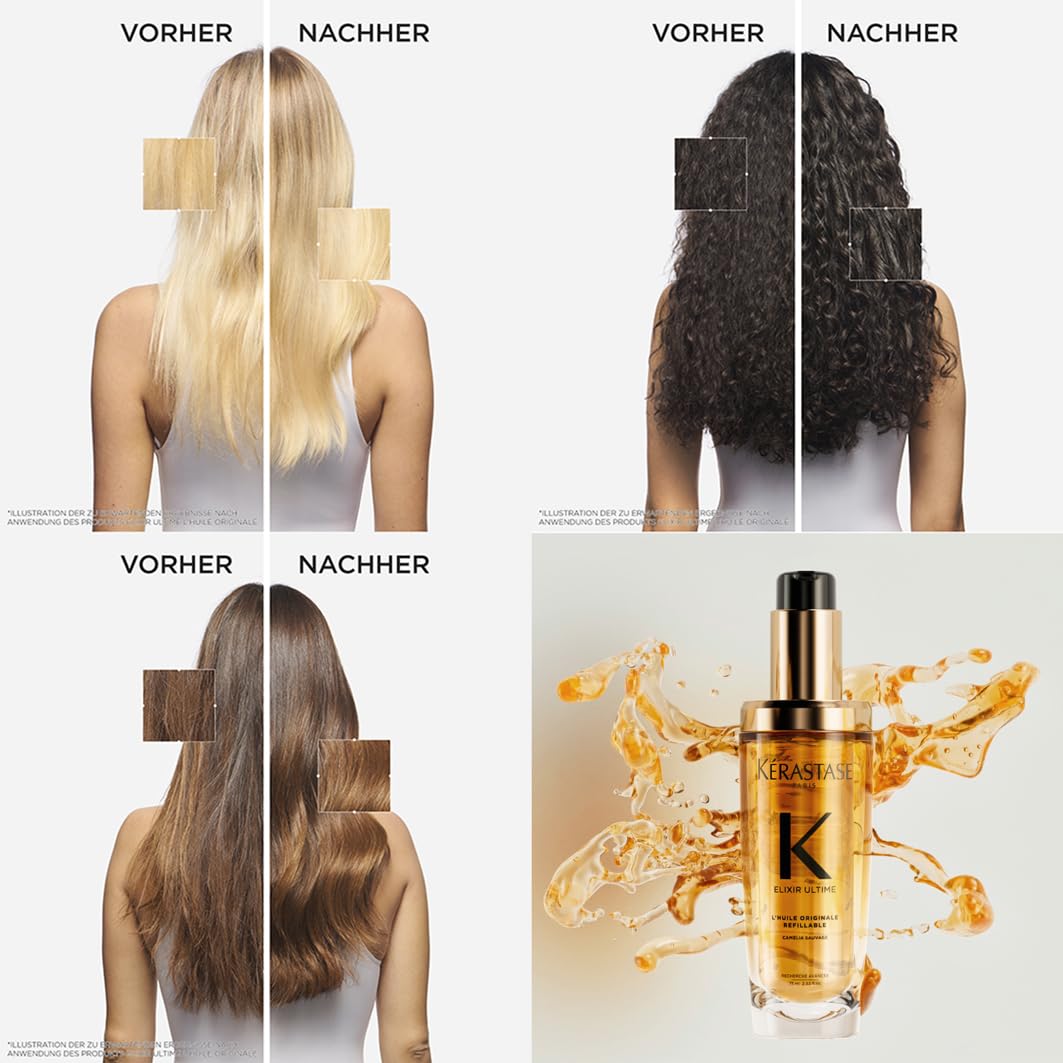 Kérastase Huile Originale Elixir Ultime, hair oil for dry hair, nourishing and protective for more shine without weighing it down, heat protection and anti-frizz, refill pack, 75 ml - E4167000