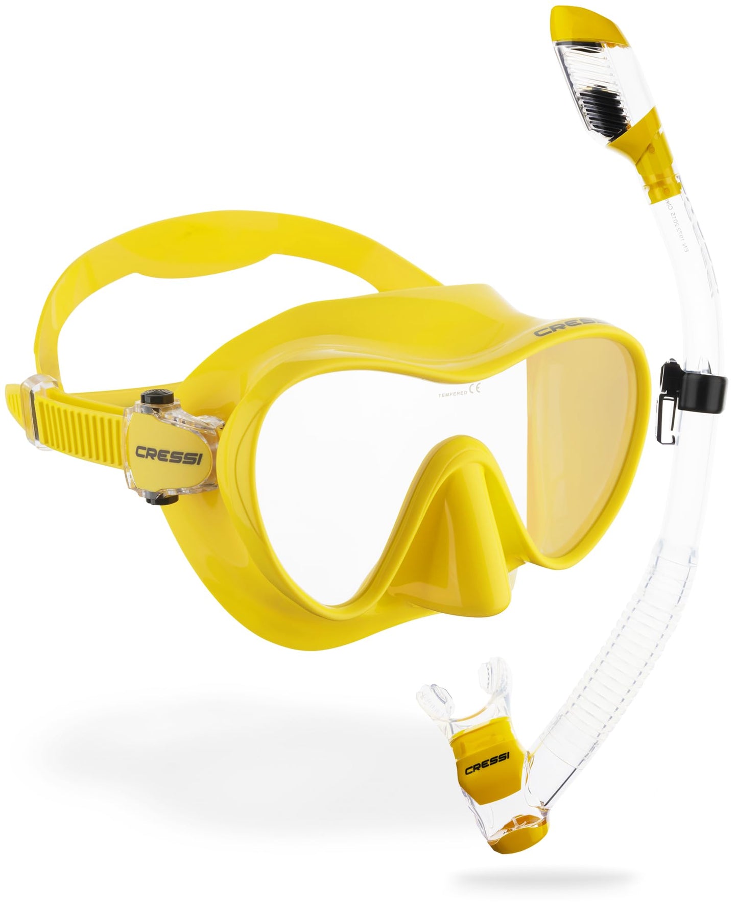 Cressi Frameless Diving Mask F1 - Fog-free Glass Lens, Diving Goggles - Ergonomic Silicone Rim, Snorkel Mask - Dry Snorkel & Snorkel Set - Clear/Yellow - Combo Set - YDS281010