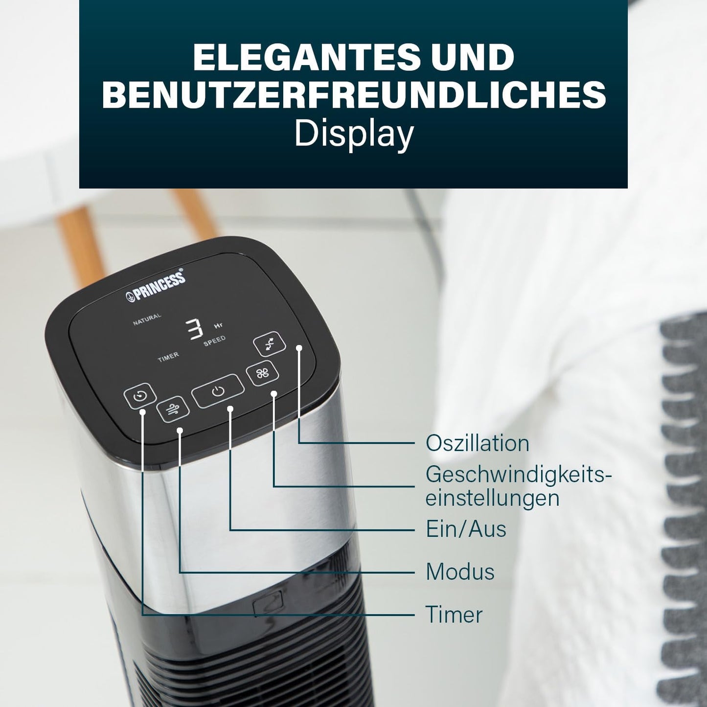 Princess Low-noise tower fan - height 103 cm - 3 modes & 3 speeds - oscillation - controllable via app - 01.358275.01.001