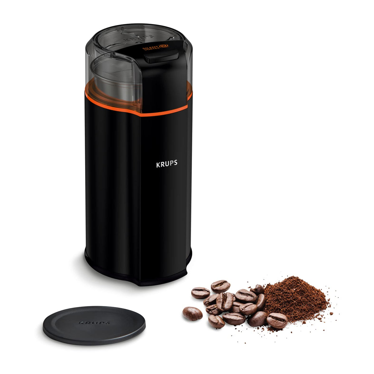 Krups GX3328 Silent Vortex Moară electrică pentru cafea și condimente | 3 în 1 mecanism de măcinare pentru boabe de cafea, condimente, ierburi | super silențioasă | lavabilă în mașina de spălat vase | bol de măcinare detașabil + capac | Negru