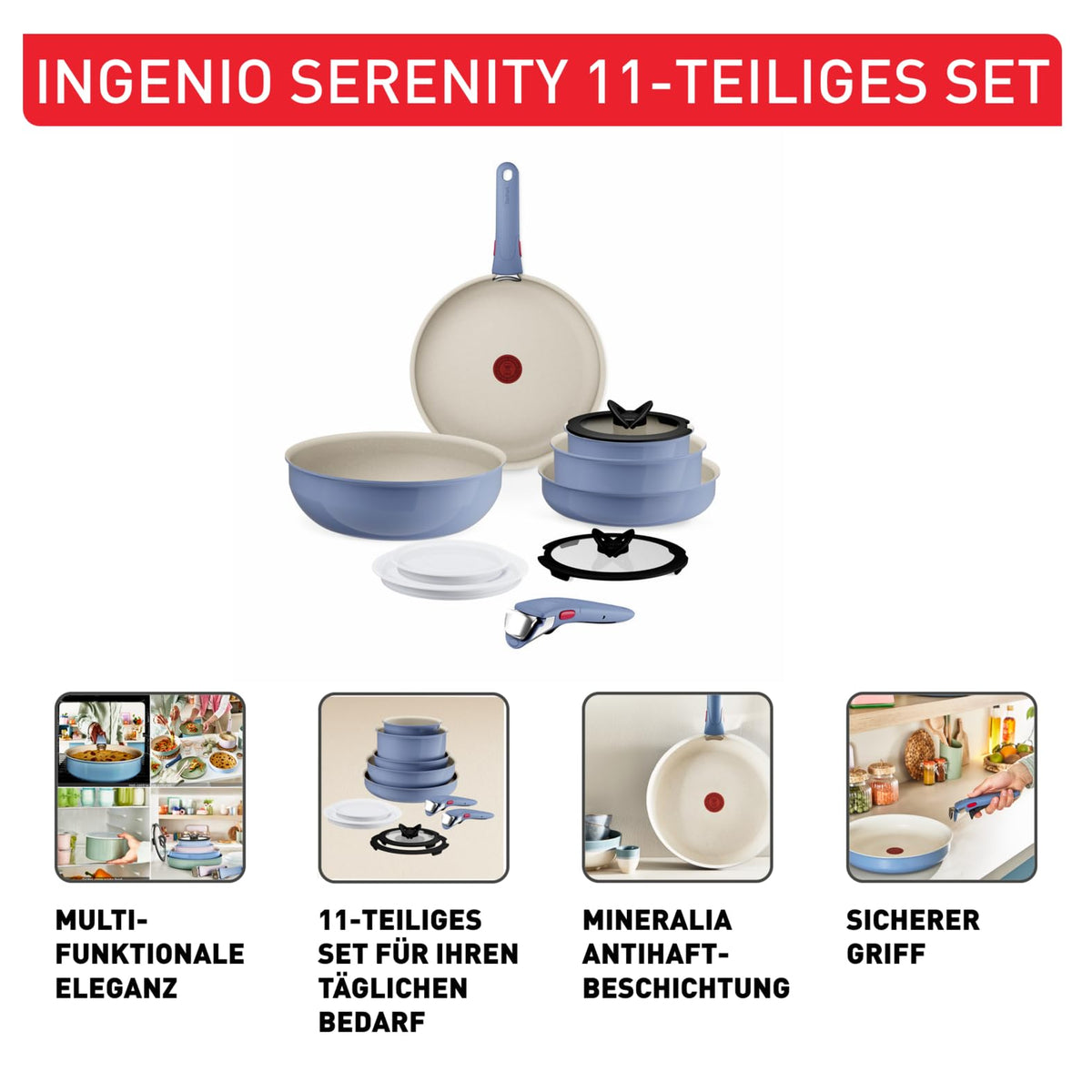 Tefal Ingenio Serenity Cookware Set 11-piece – stackable and space-saving set made of aluminum, Mineralia non-stick coating, removable handle, suitable for all types of cooktops including induction, Blue Salt. - L829SB04