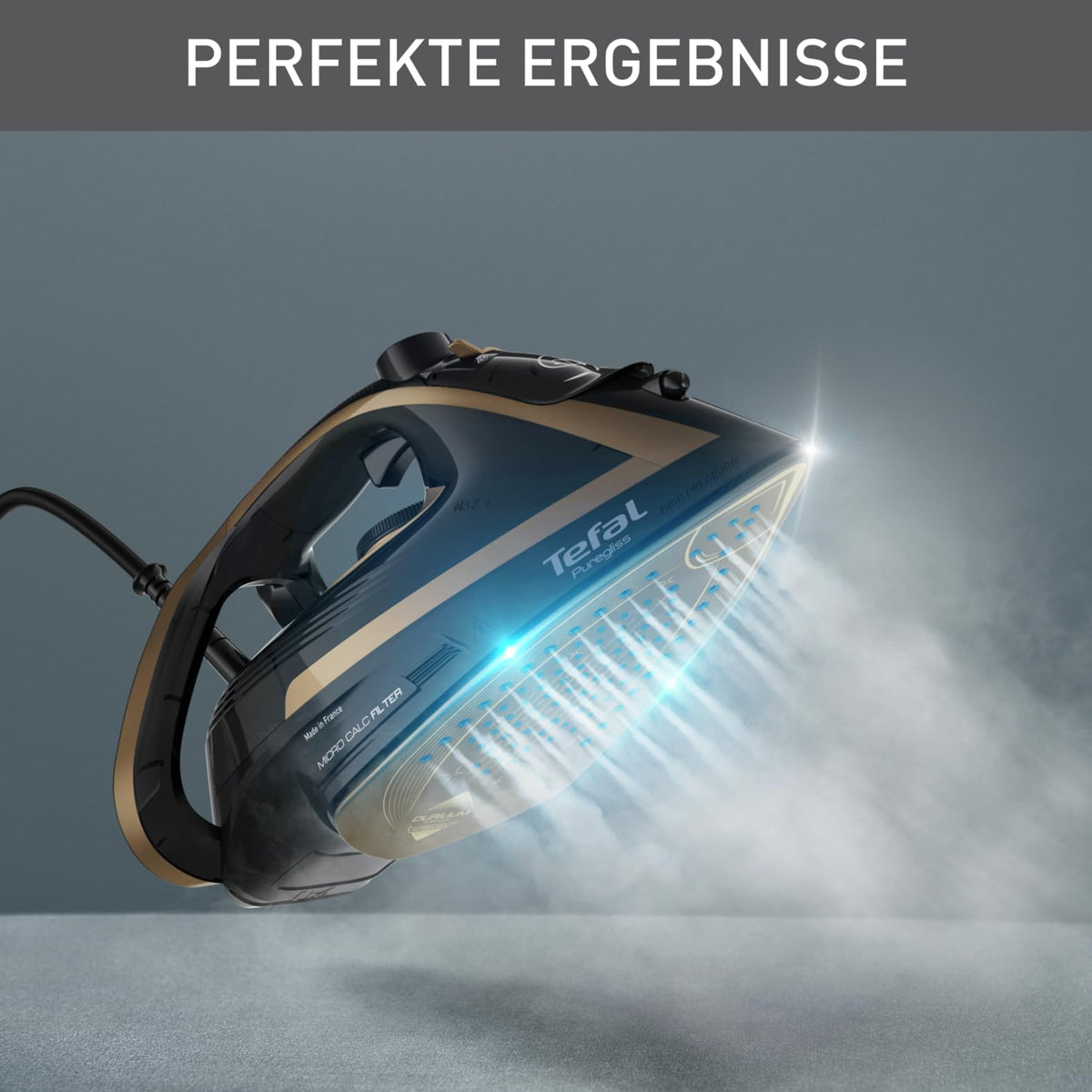 Tefal Puregliss Steam Iron, 3000 Watts, 280 g/min steam boost, 0-50 g/min variable steam, vertical steam, Durilium AirGlide Autoclean soleplate, Micro-Calc filter, black/gold, FV8064