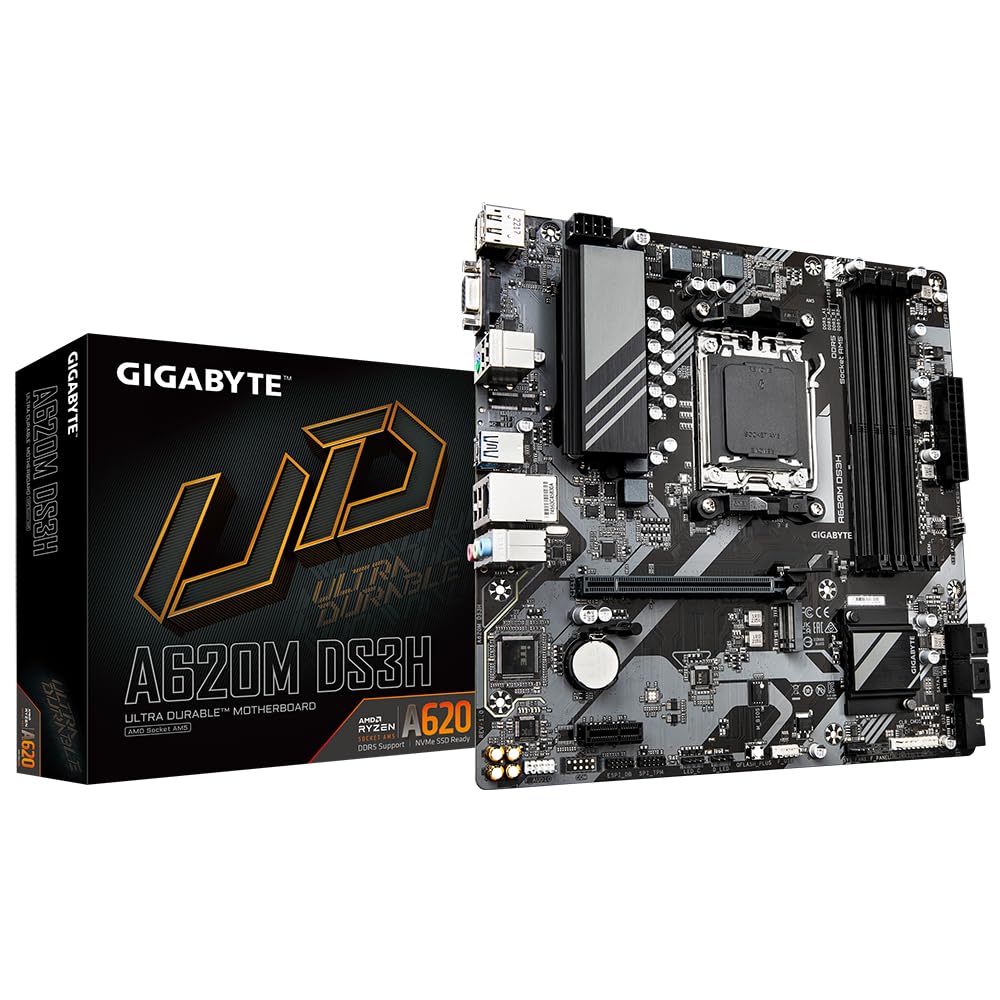 Placa de bază GIGABYTE A620M DS3H - Suportă procesoare AMD Ryzen 8000, VRM digital pe 5+2+2 faze, până la 7600MHz DDR5 (OC), 1xPCIe 4.0 M.2, LAN GbE, USB 3.2 Gen 1