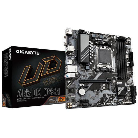 Placa de bază GIGABYTE A620M DS3H - Suportă procesoare AMD Ryzen 8000, VRM digital pe 5+2+2 faze, până la 7600MHz DDR5 (OC), 1xPCIe 4.0 M.2, LAN GbE, USB 3.2 Gen 1