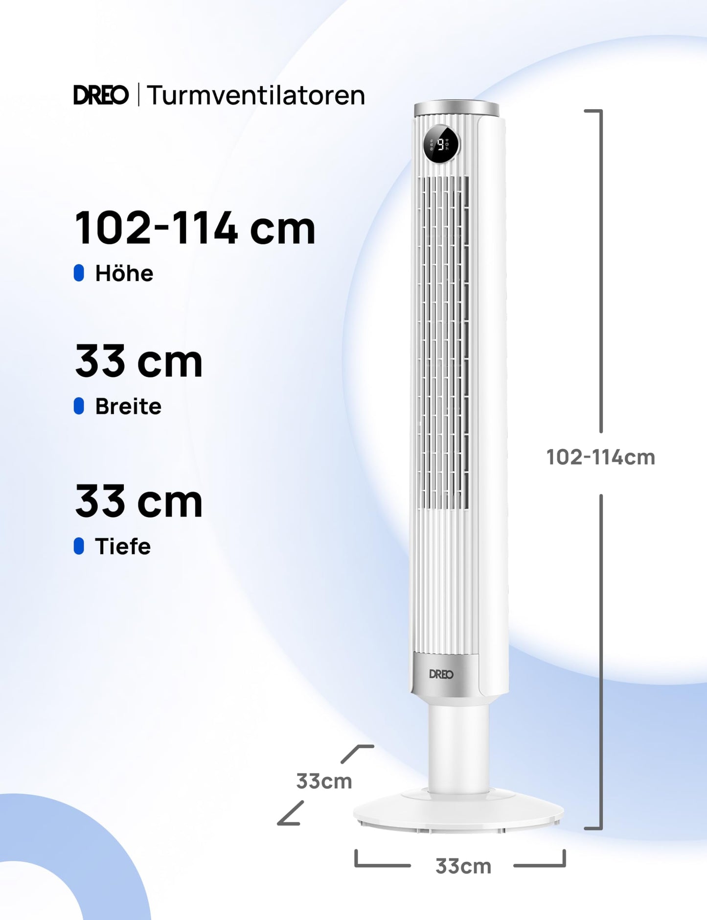 DREO Smart 102-114cm tower fan for bedroom, height adjustable, 8.4m/s, DC motor, 9 levels, 4 modes, 90° oscillation, pedestal fan, 20dB quiet, 12H timer for home and office, Google/Alexa - DR-HTF024S